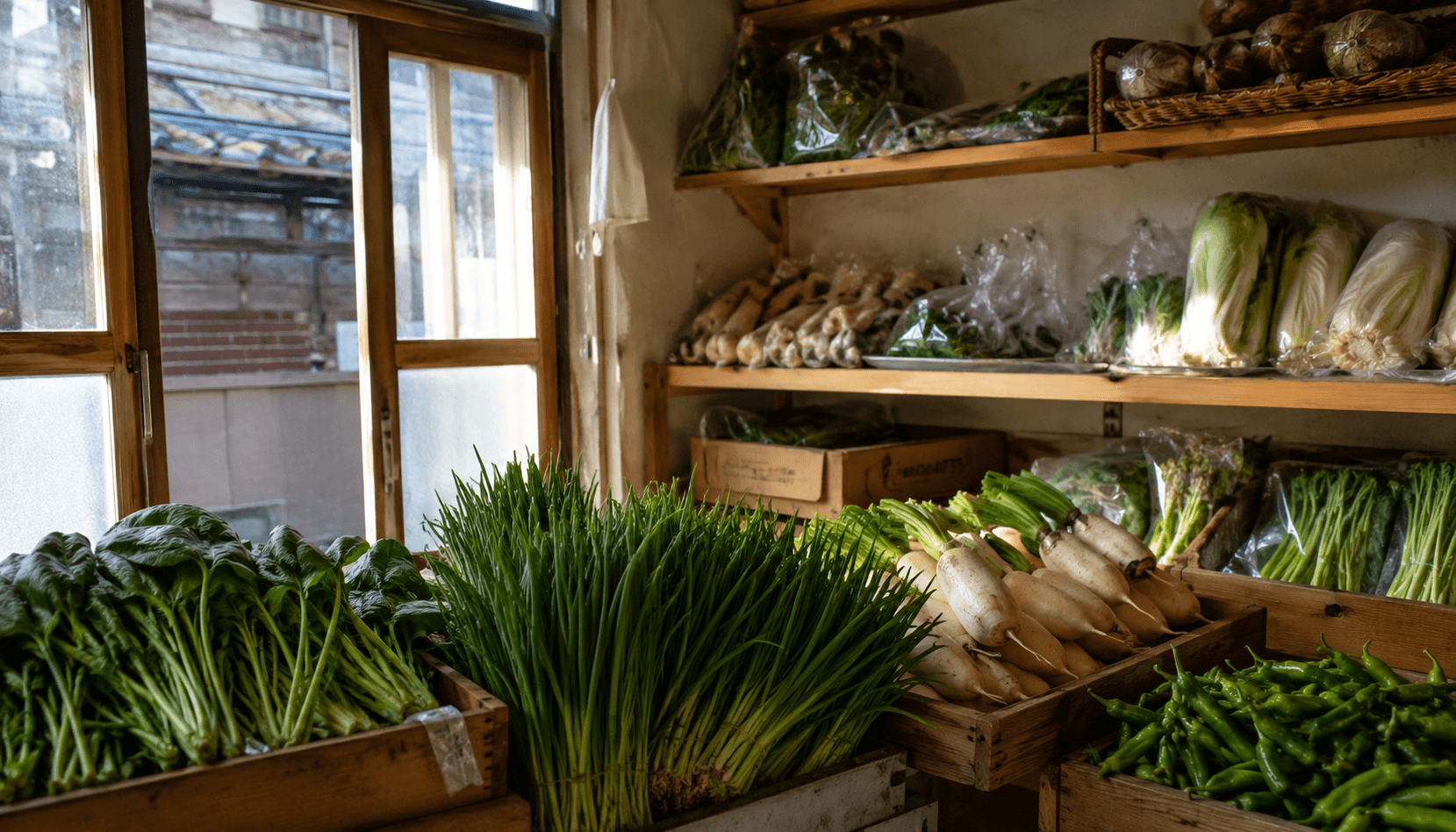 Mooju Store interior, spinach and garlic shoots on wooden shelves