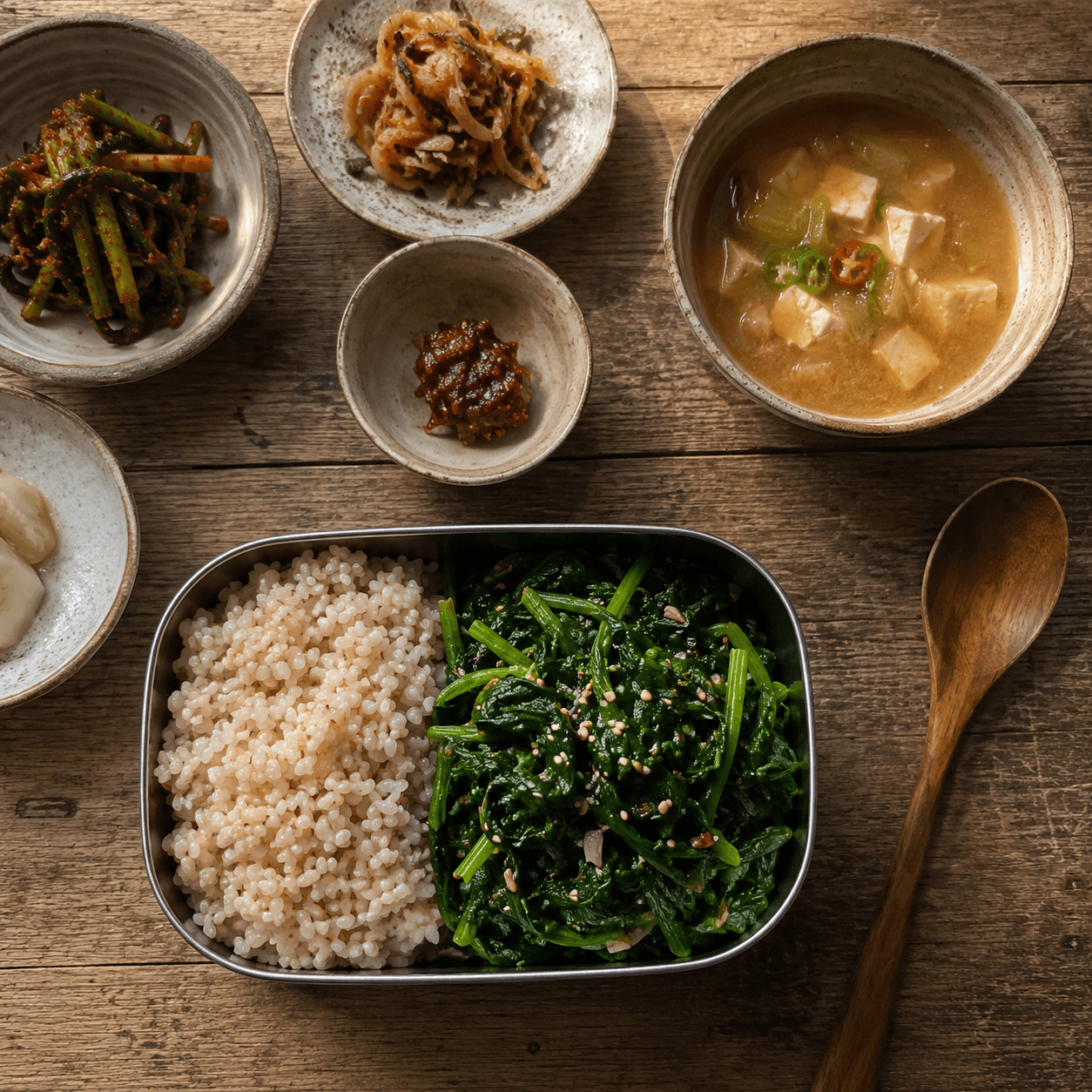 Spinach doenjang lunch box on a wooden table, top-down view