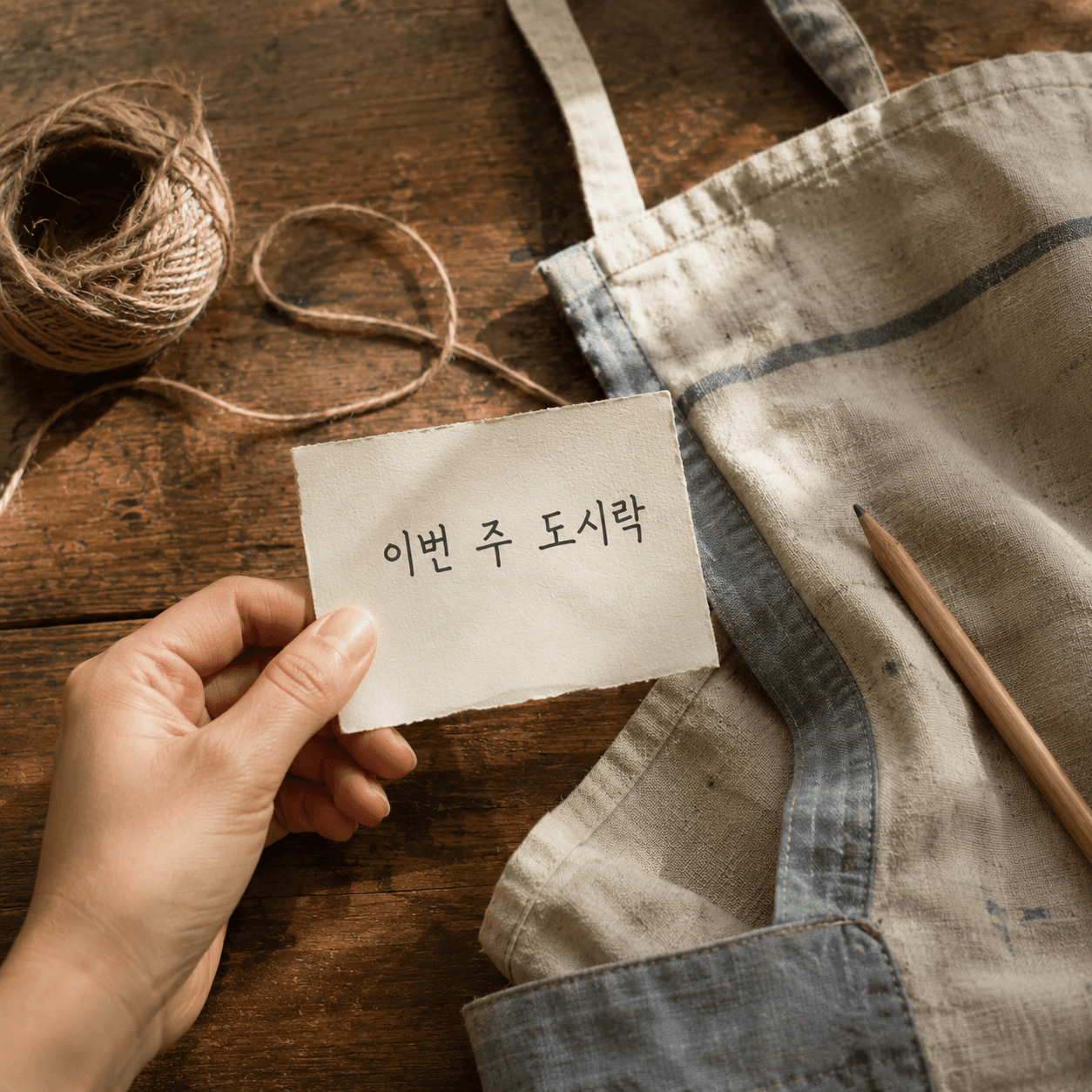 A hand holding a memo note, apron props in frame, no face