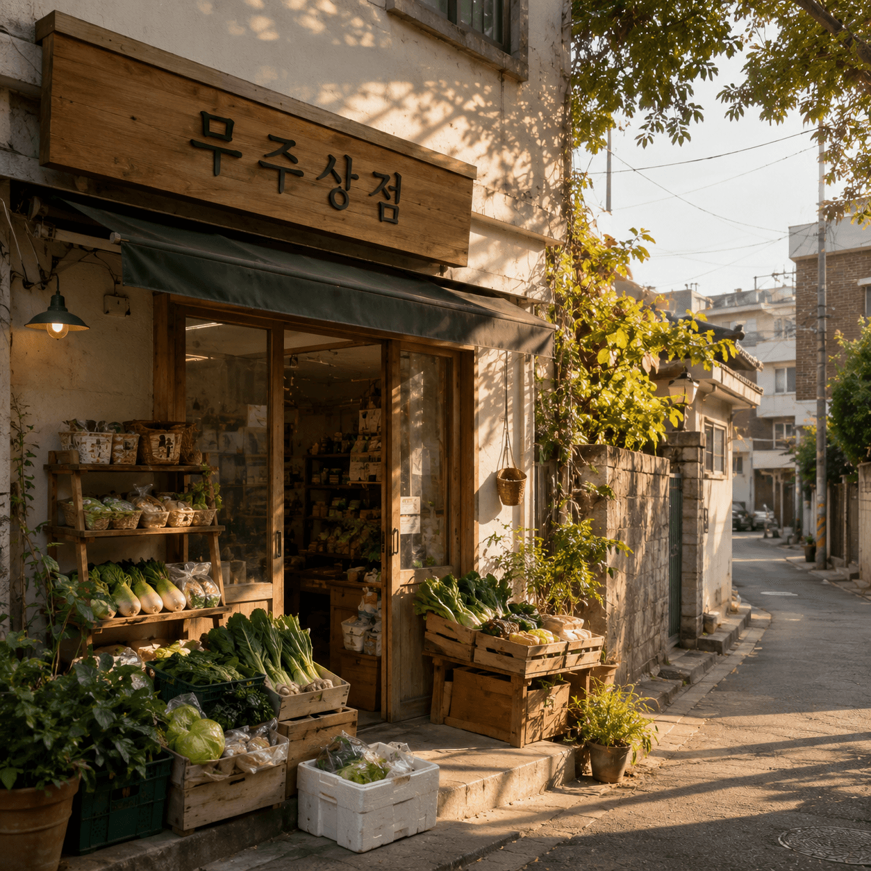 Small shop facade in a Hwigyeong-dong alley, evening light