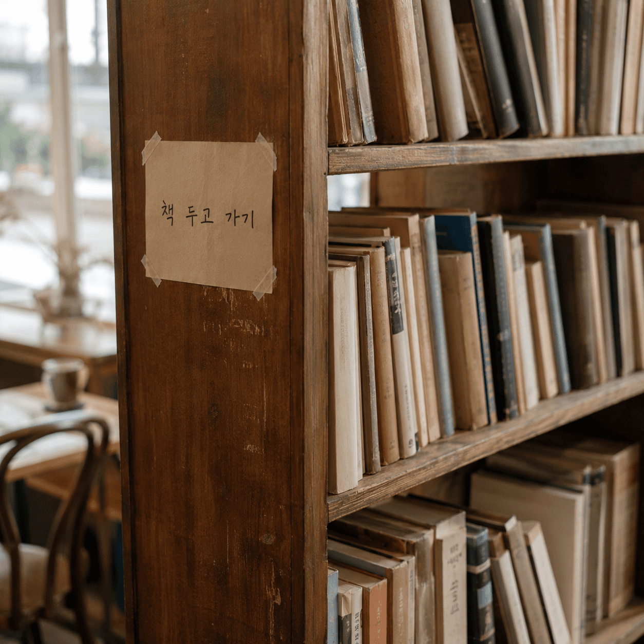 Bookshelf with handwritten leave-a-book memo, window light, no people