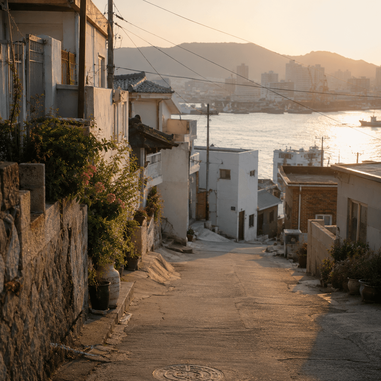 Busan alley near Yeongdo Bridge, evening golden light