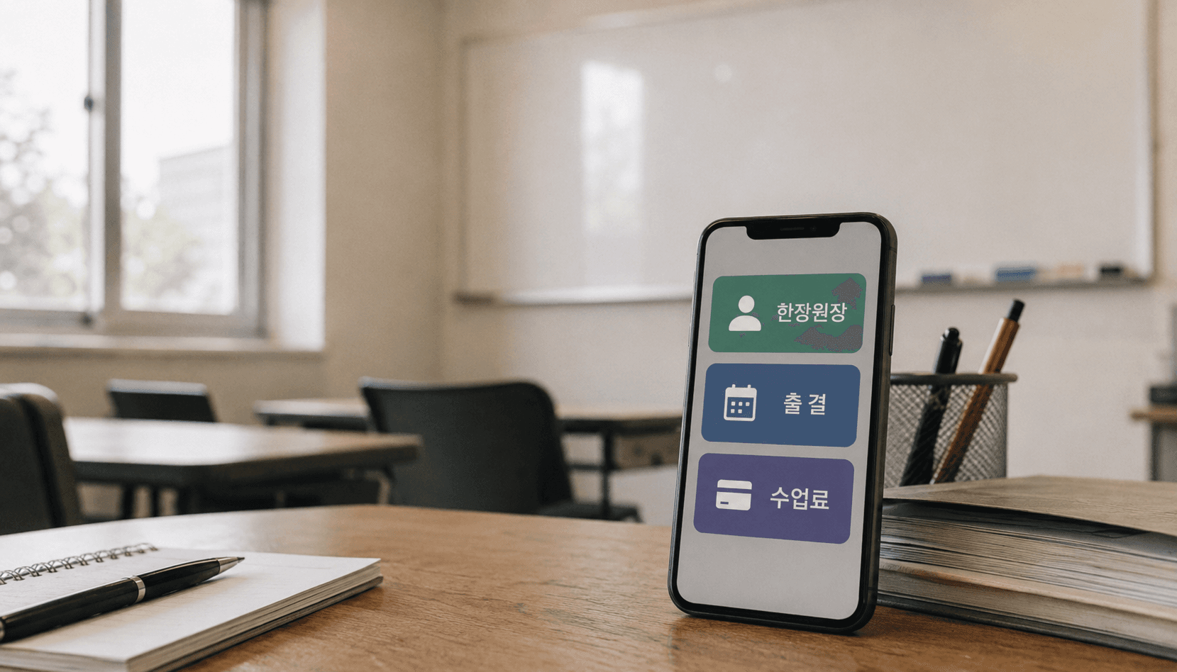 Smartphone on a wooden desk in a Korean academy classroom