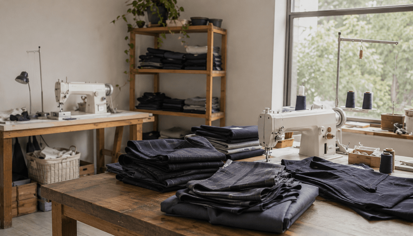 Upcycle workshop interior — sewing machines, work bench, folded fabric, no people
