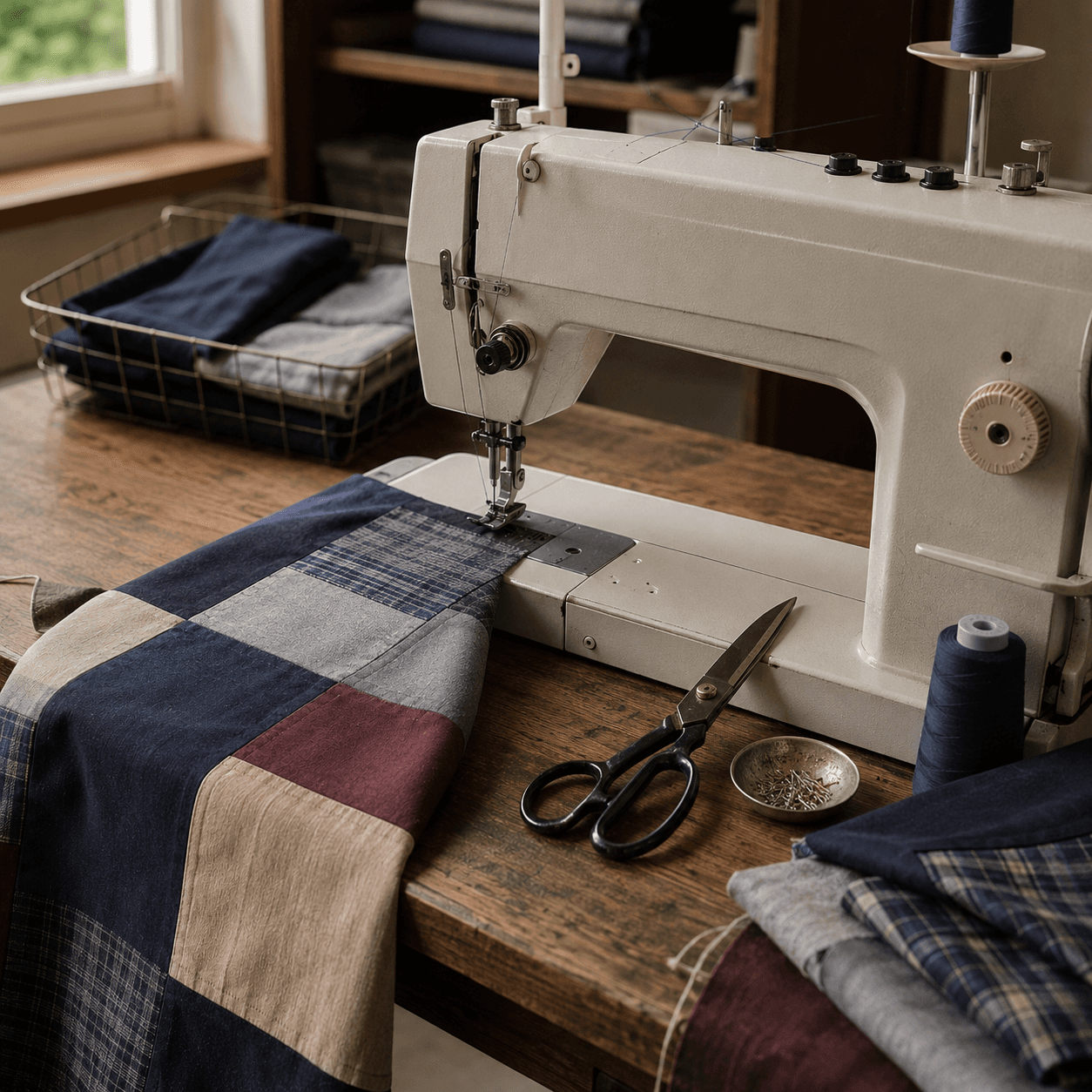 Patchwork in progress on a sewing machine, scissors and thread, no people